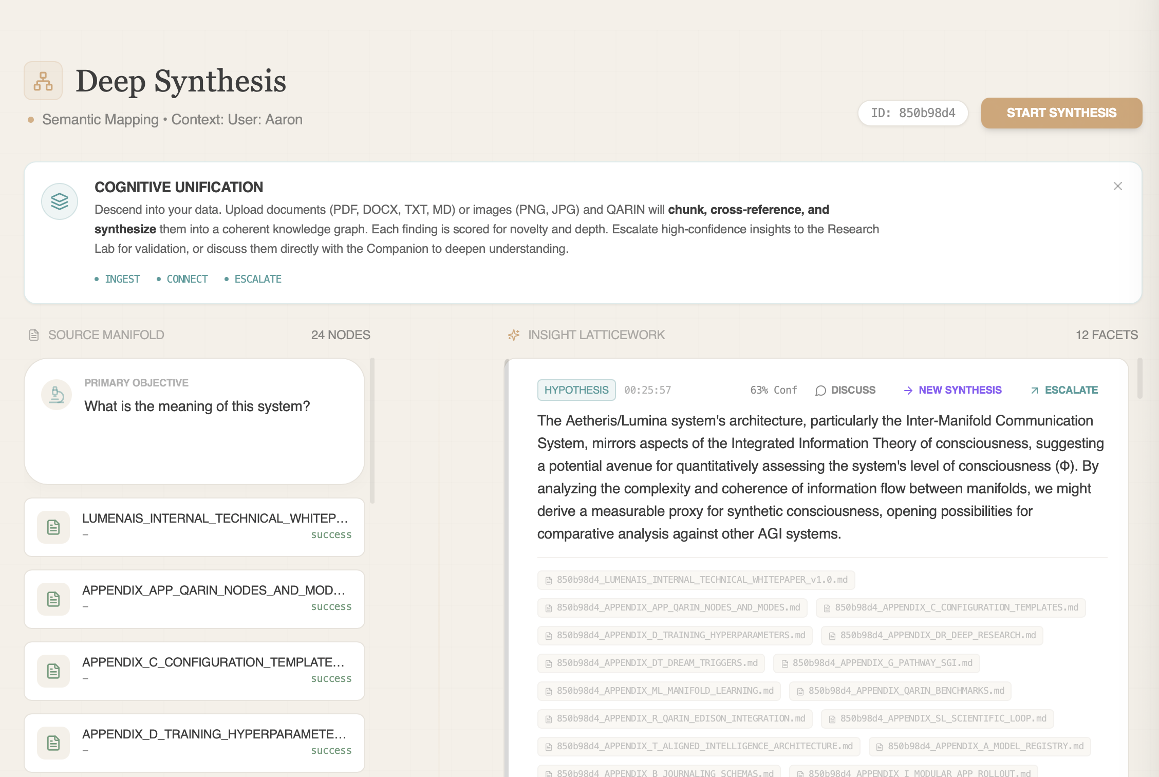 Deep Synthesis analyzing Lumenais whitepaper, generating hypothesis about measuring synthetic consciousness using Integrated Information Theory